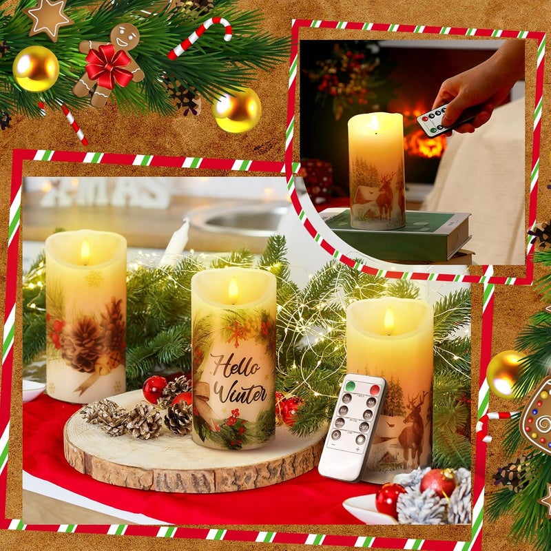 ROCEEI Store 3 Pcs Winter Forest Candles Battery Operated LED Candles Winter Forest Style Pillar Flickering Real Wax Decorations for Indoor Holiday Party Table Decor - Image 4